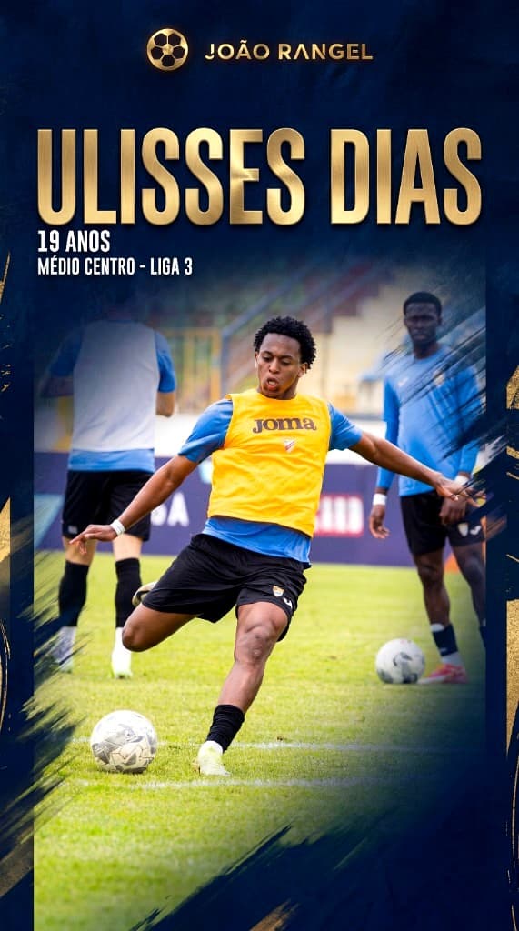 Gráfico «Ulisses Dias»: 19 anos, médio centro — Liga 3, em acção com colete amarelo no campo.